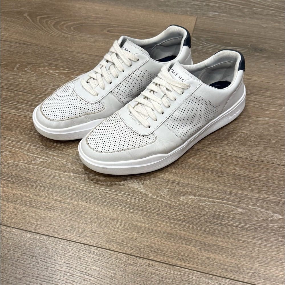 Cole Haan White Leather Perforated Sneakers with Navy Heel